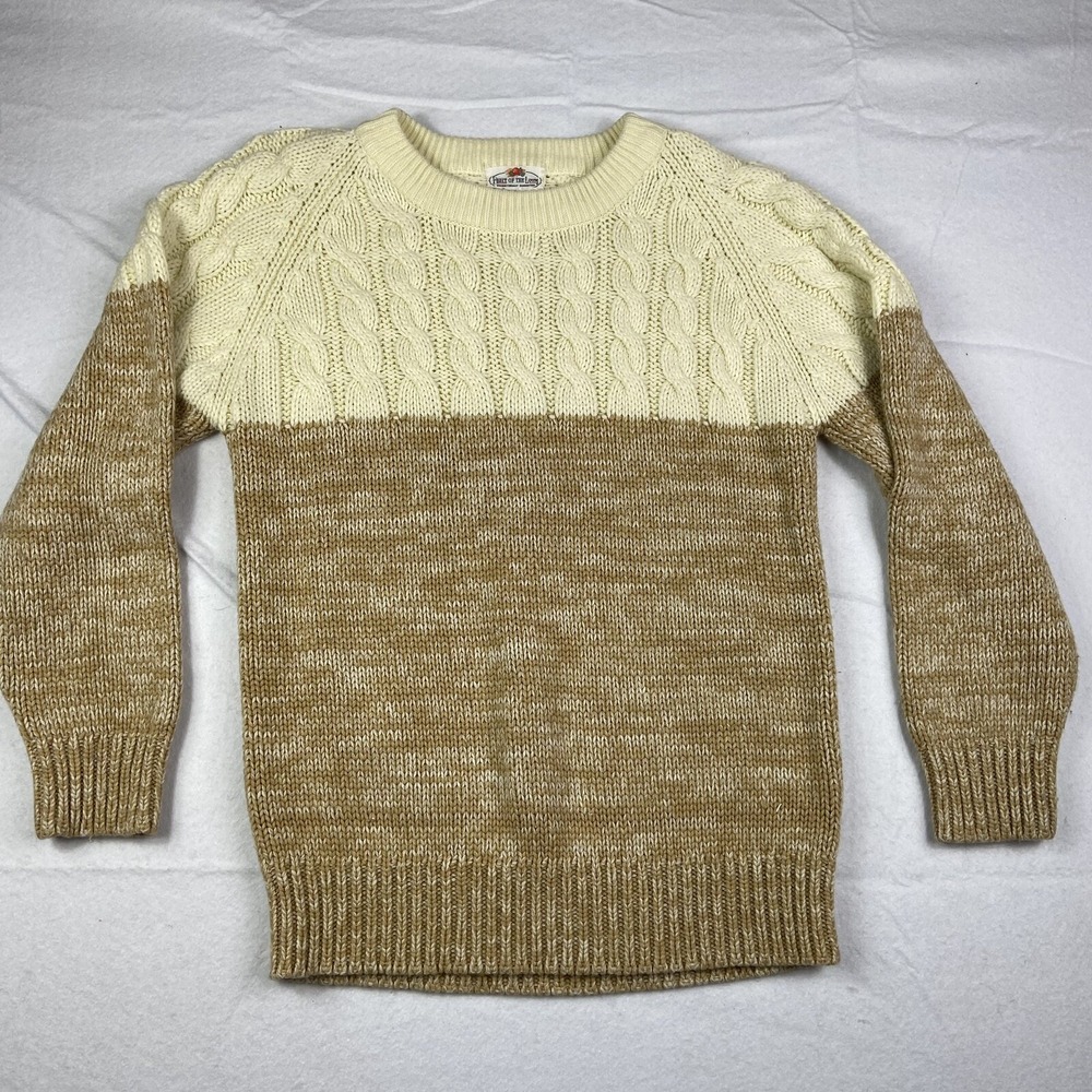 Vintage Fruit of the Loom Mens Cable Knit Sweater Tan White Colorblock Large